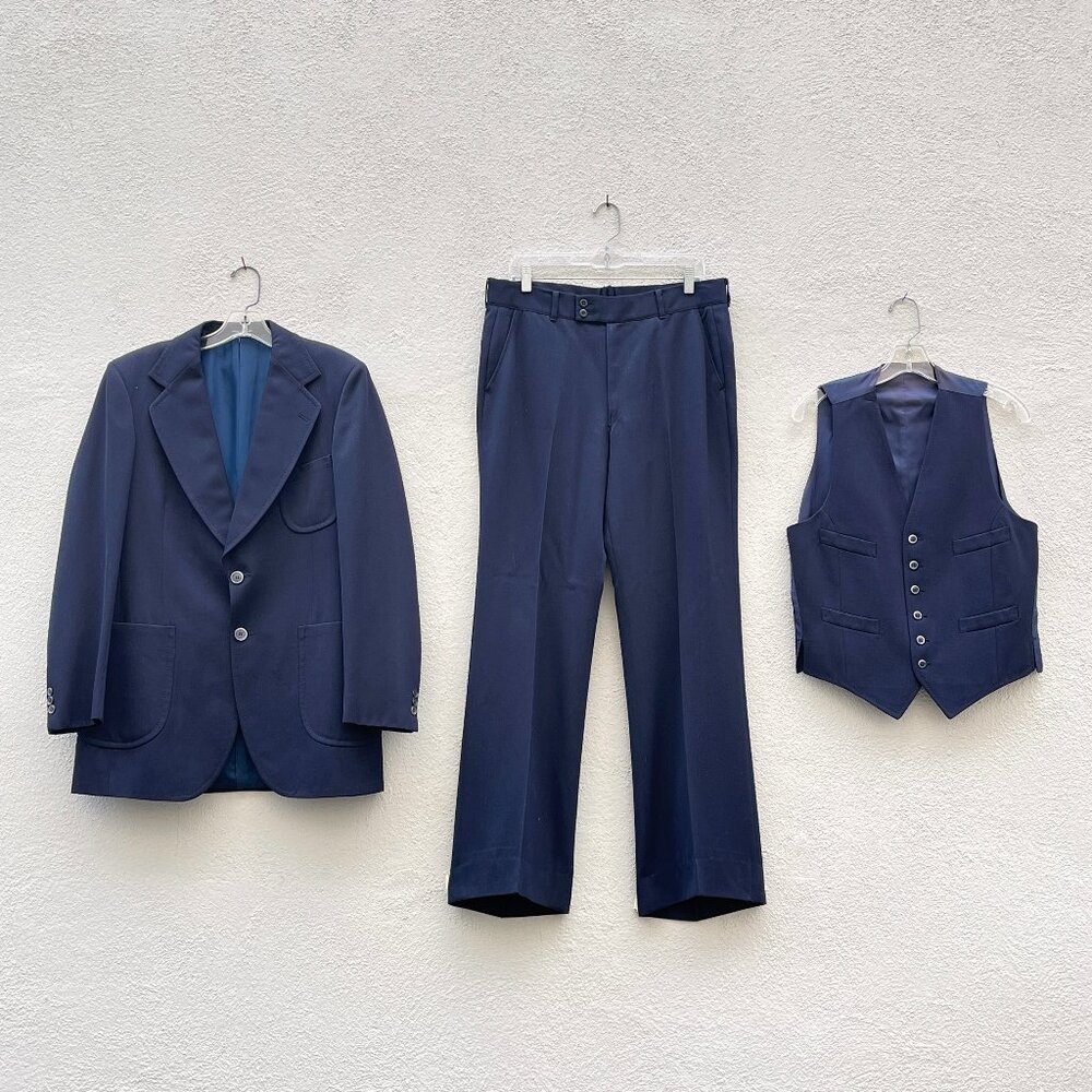 Vintage 70s Ron Ross Navy Blue 3 Piece Suit Jacket Vest Pants Flares 42R x 34W